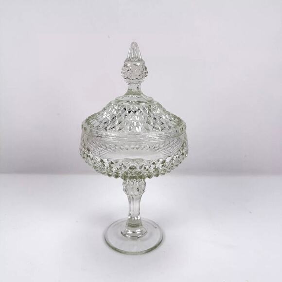 Vintage Indiana Glass Candy Dish Footed Jar Clear Pedestal Compote Dish & Lid - Picture 1 of 10